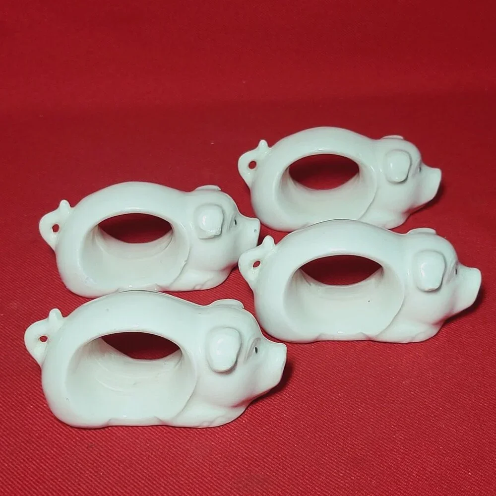 Vintage Napkin Holder Ring Pigs Porcelain White Piggy Napkin Rings Set of 4